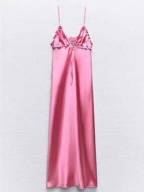 Zara Pink Satin Maxi Slip Dress with Tie Front